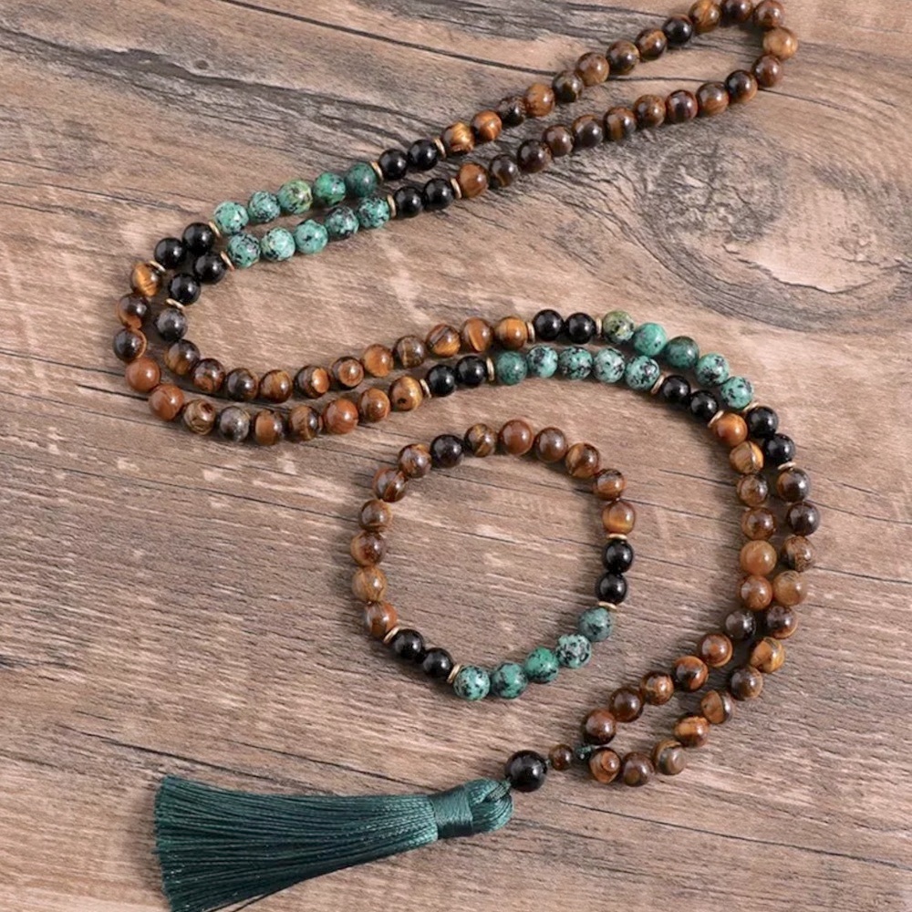 African turquoise, obsidian and tigers eye mala and bracelet set - Picture 1 of 4